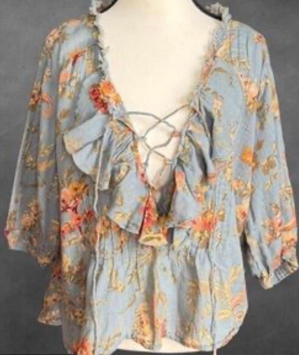 Denim & Supply Ralph Lauren Women XXS Romantic Ruffled V Neck Blue Floral Top
